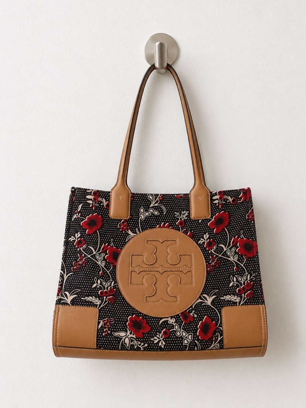 Tory Burch Black Ella Tote with Tan Leather Trim